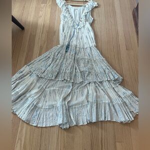 Elegant White and Blue Patterned Maxi Dress